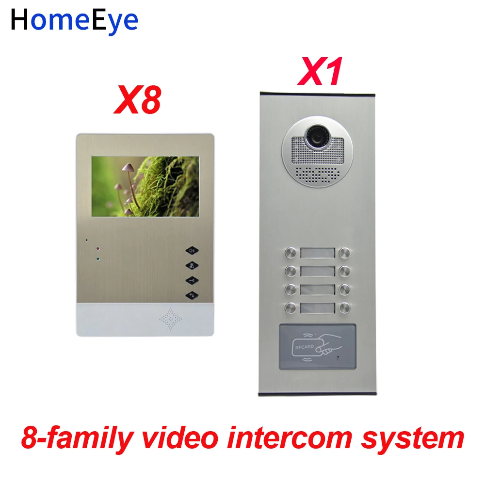 HomeEye 8 Families Door Bell Home Access Control System 4.3'' LTD 4-Wire Multi-family Multi Apartments Video Door Phone Intercom