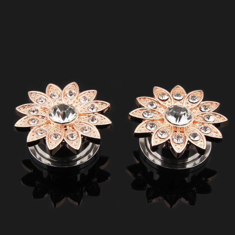 New Fashion Zircon Flower Design Round Rose Gold Screw Tunnels Piercing Ear Gauges Stretcher Body Jewelry Piercings Flesh Plugs