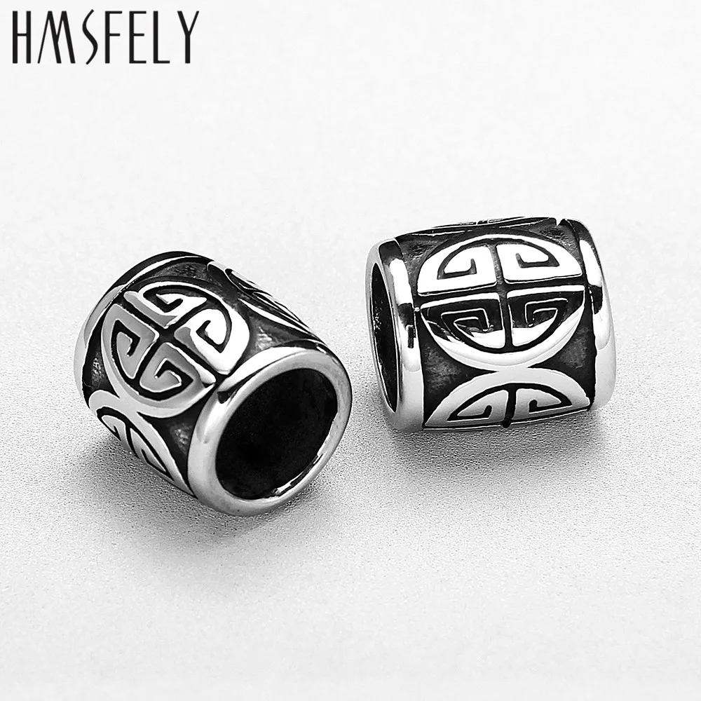 HMSFELY 8mm Big Hole Stainless Steel Beads Accessories For DIY Leather Bracelet Jewelry Making Totem Pattern Bead Wholsale 5pcs