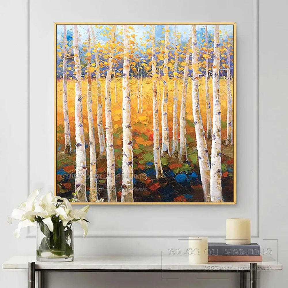 Free Shipping Hand-painted High Quality Beauty Landscape Birch Tree Oil Painting Beauty Art Landscape Birch Forest Oil Painting