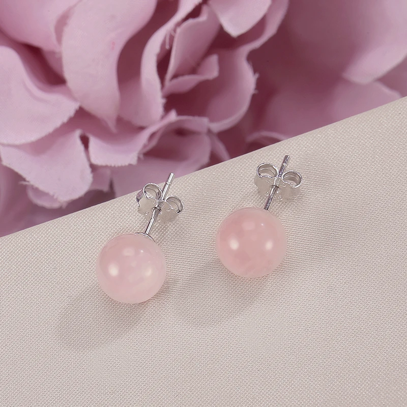 Fine Jewelry Stud Earring For Women Solid 925 Silver 100% Natural 8mm Rose Quartz Pink Gemstone Cute Lovely Brincos Party Gift