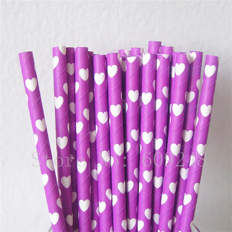 White Heart Purple Paper Straws, Mason Jar, Cake Pop Sticks, Valentine's Day, Wedding Party Decor Supplies, Bulk Cheap, 100 Pcs