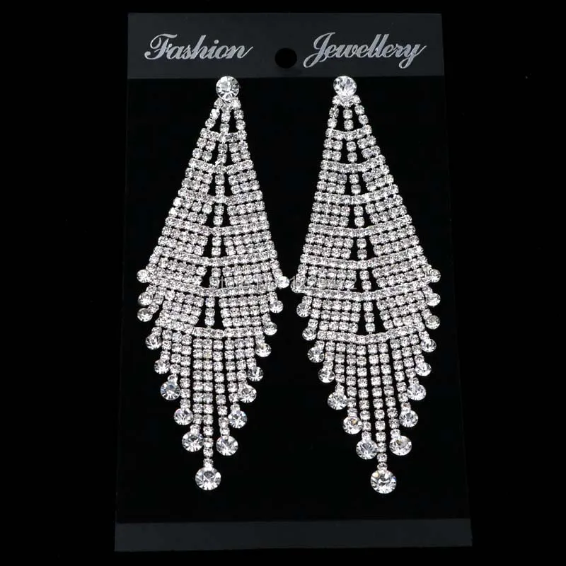 TREAZY Gorgeous Silver Plated Bridal Tassel Drop Earrings Sparkling Full Rhinestone Crystal Long Dangle Earrings Wedding Jewelry