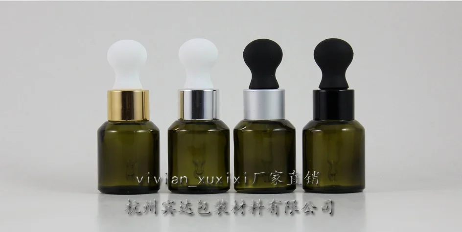 

15ml olive green Glass Essential Oil Bottle With aluminum dropper cap.the bottom of bottle is thin,Essential Oil Container