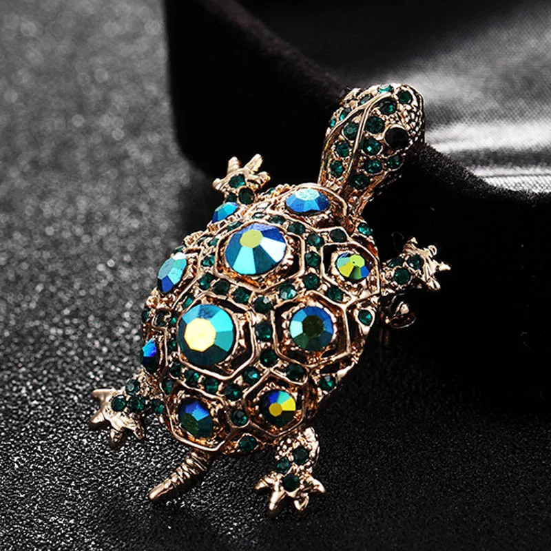 Zlxgirl Green Rhinestone Turtle Brooch Pin Cute Kawaii Vintage Tortoise Brooches Kids Gift Animal Hijab Pins Bags Accessories