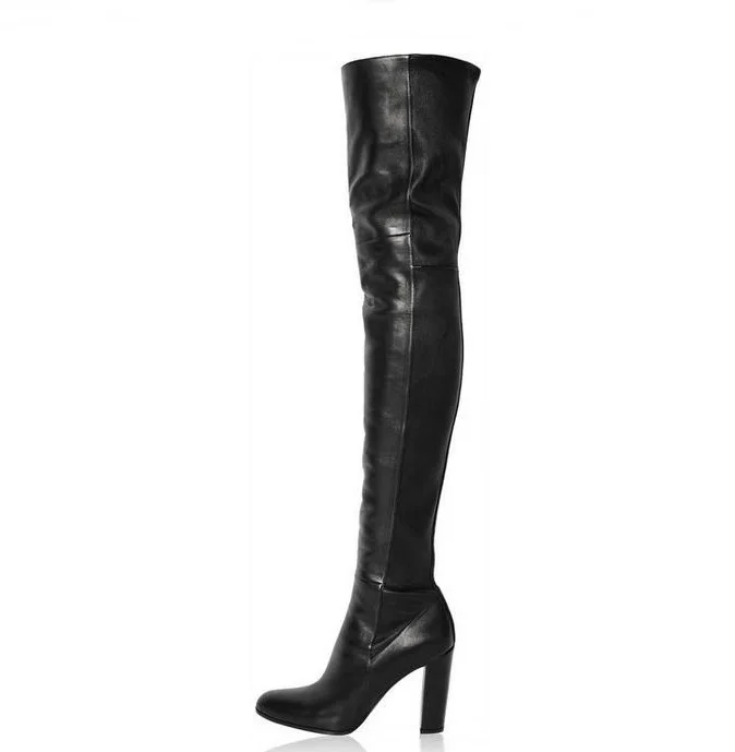 Plus Size 42 Black Leather Over Knee Boots Womens Round Toe Square Heels Women Winter Boots 2018 Chunky Heels Tight High Boot