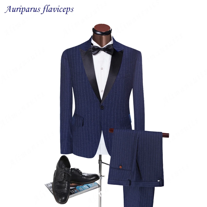 

Blue Pinstripe Suit Tuxedos Peaked Lapel Groomsman Suit Wedding suit One Button Worsted Wool Suits 2023 Man Suit(Jacket+pants)