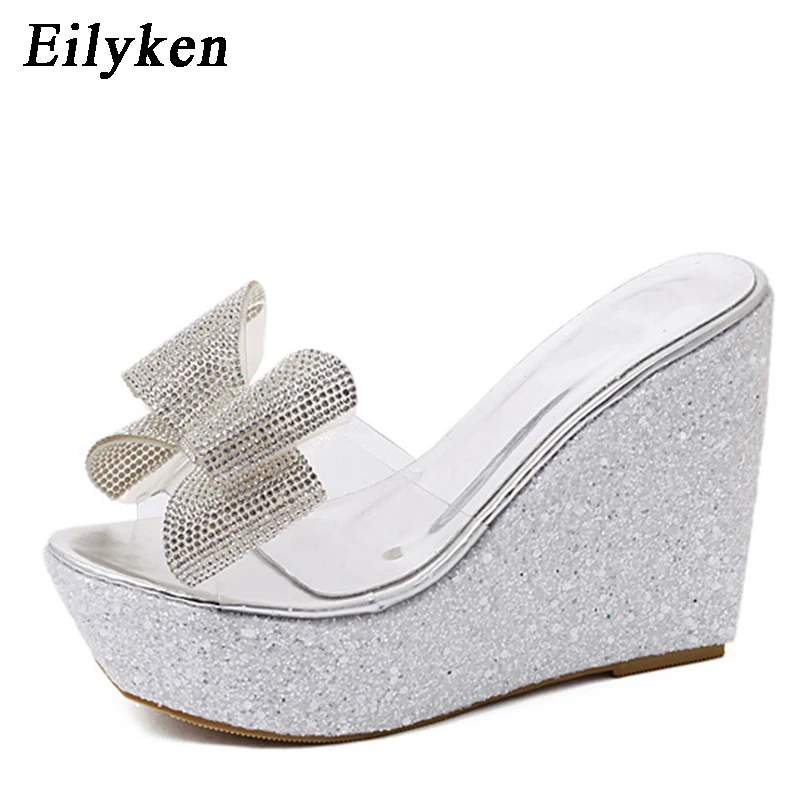 Eilyken pantofole trasparenti in PVC donna Summer Toe Platform Bow Crystal Slide Wedge Sandals taglia 34-40