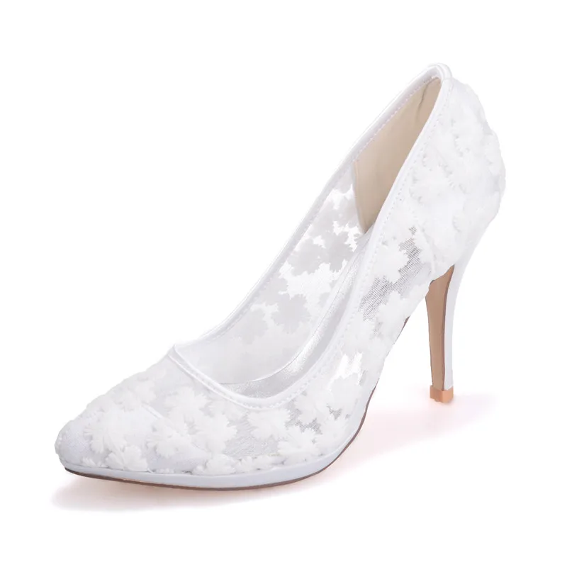 

High Heels Lace Wedding Shoes for Bride Pointed Toe Slip-on Breathable Lace Prom Evening Bridal Party Dress Pumps