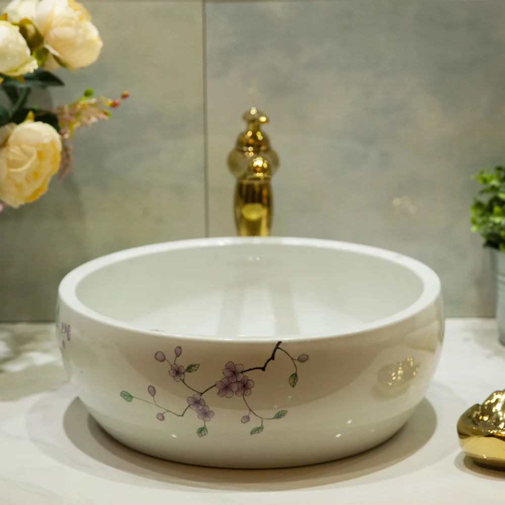 Bathroom Above Counter Basin Ceramic Wash Basin Bathroom Wash Basin Wash Basin Flower Hand Painted Plum Blossom  LO620158