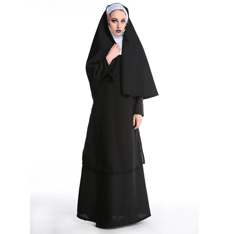 

2019 Virgin Mary Nuns Costumes For Women Sexy Long Black Nuns Costume Arabic Religion Monk Ghost Uniform Halloween Cosplay XL