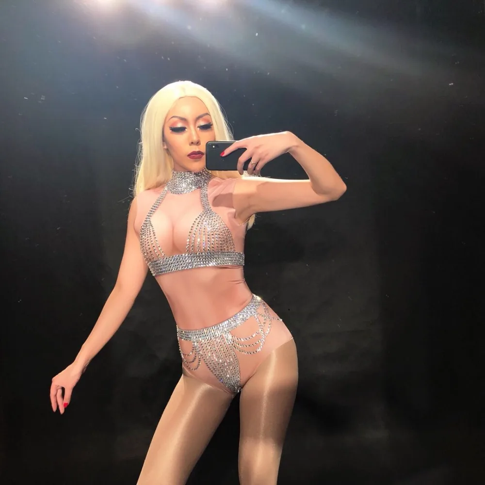 

Women New Full Of Silver Glass Sparkling Crystals Bikini Bodyuit Sexy Clothing Nightclub Beach Party Stage Wear Singer Dancer
