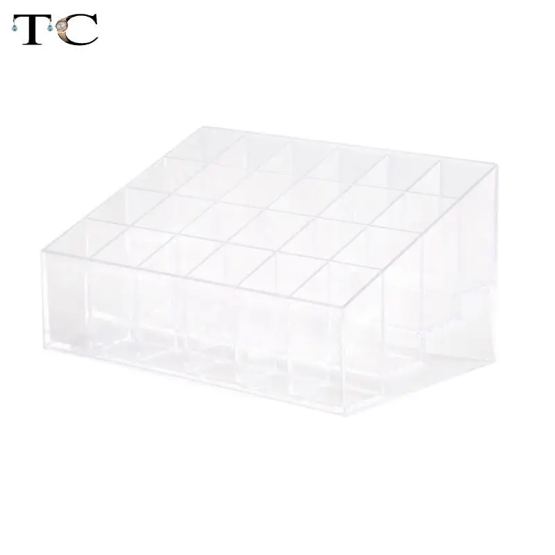 Estuche trapezoidal transparente para exhibición de maquillaje, estuche organizador de cosméticos, soporte de exhibición de lápiz labial, acrílico transparente, 24 unidades