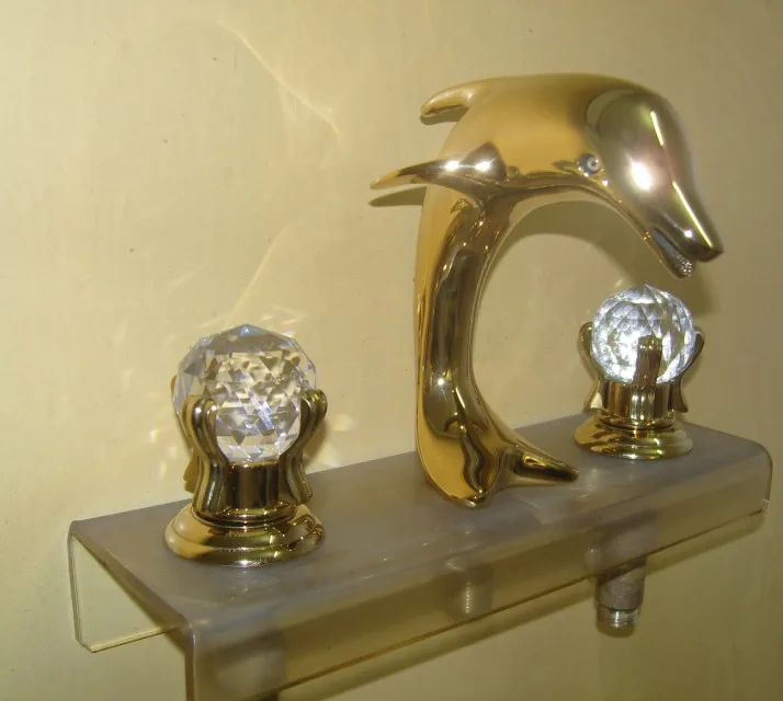 Free ship Ti-gold 3 Pcs WIDESPREAD LAVATORY BATHROOM SINK dolphin FAUCET mixer tap Crystal handles