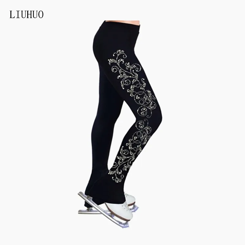 LIUHUO-pantalones de patinaje artístico para mujer y niña, ropa de entrenamiento de hielo, pantalones de tela de lana negra, chándal cálido para