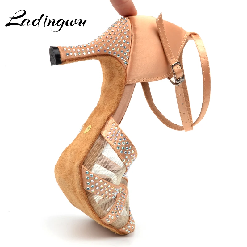 Ladingwu New Breathable mesh Latin Dance Shoes Woman Satin Apricot  Collocation Rhinestone Ballroom Dance Shoes Sandals