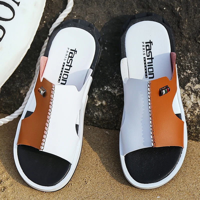 Hot Sandals Men Summer Slippers 2023 Fashion Peep Toe PU Flip Flops Shoes Male Outdoor Non-slip Flat Beach Slides Big Size 38-46