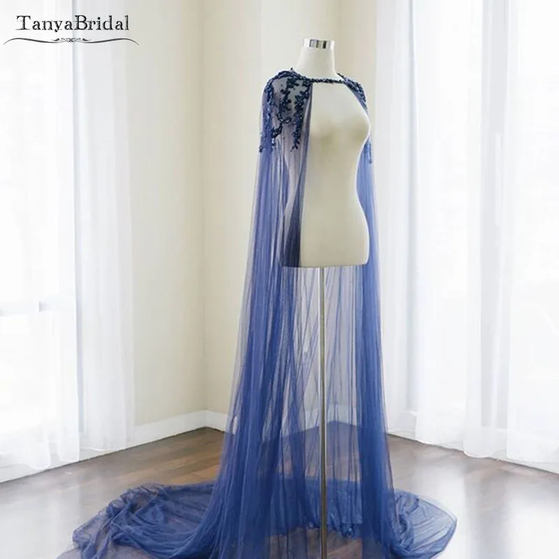 

Blue Tulle Wedding Cape Gorgeous Beaded Pearls Lace Elegant Women Formal shawl Long Jacket DJ010