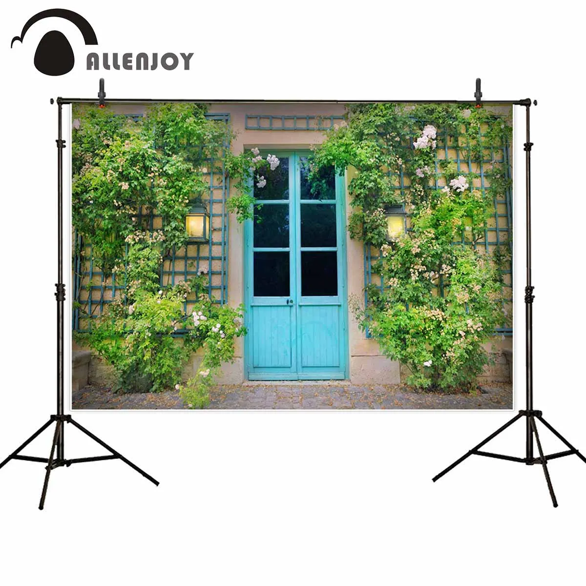 Allenjoy backdrop for photographic studio beautiful flower splants decorate wall blue old fashioned door background photobooth