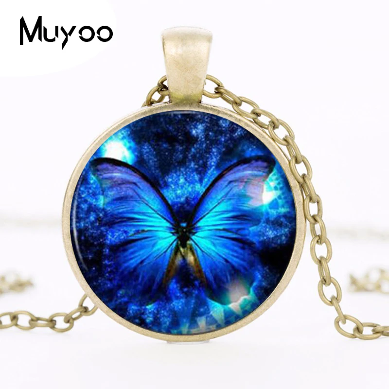 Picture 3: Blue Butterfly Pendant Necklace fashion vintage Glass pendant dome Cabochon Round Pendant steampunk necklace Jewelry HZ1