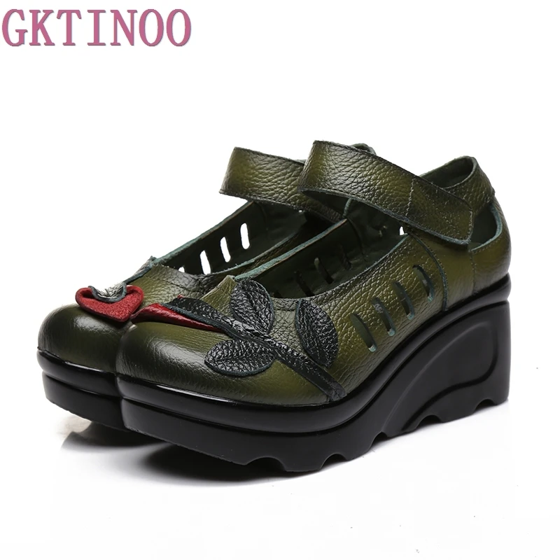 Handmade 2024 Spring Autumn Ethnic Comfortable Women Wedges Genuine Leather Women\'s Shoes round toe Platform high heels pumps