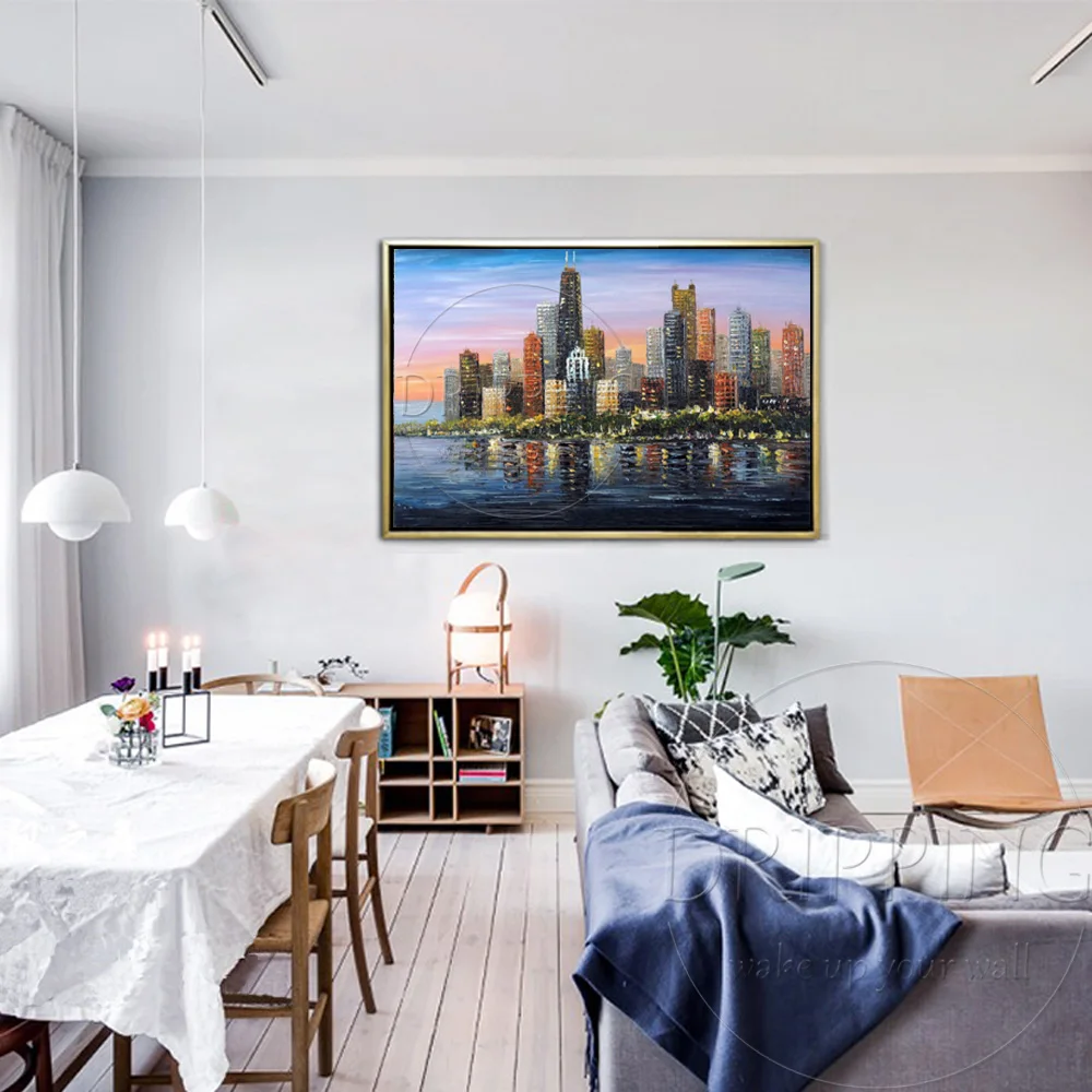 Artist Handmade High Quality Modern Wall Art Chicago Downtown Dusk Oil Painting on Canvas Modern City Skyscrapers Oil Painting