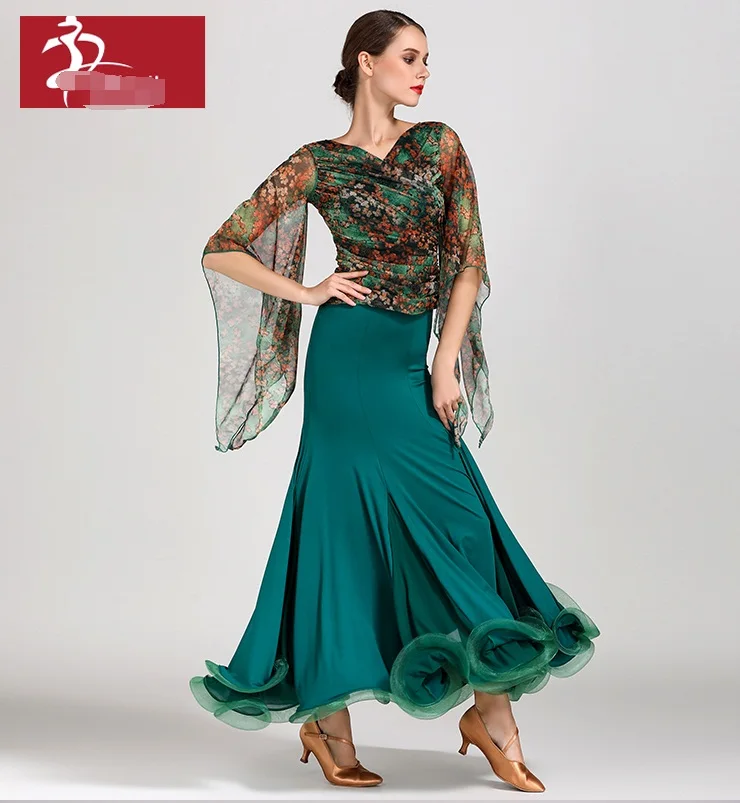 Phòng khiêu vũ nhảy múa ăn mặc cho khiêu vũ waltz tango Tây Ban Nha flamenco váy tiêu chuẩn phòng khiêu vũ trang phục hoa in GB027 + S9018