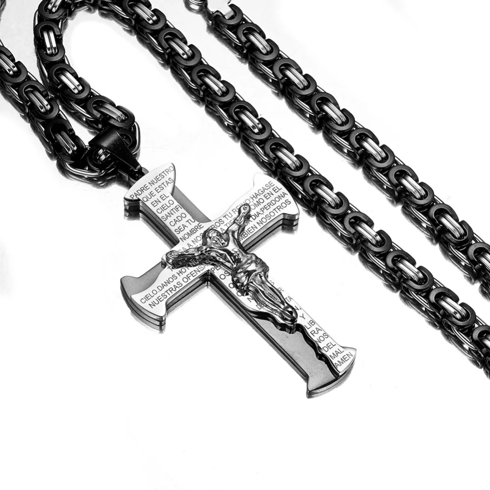 Jesus Crucifixion Pendant Cross Necklace for Men Women Three Colors Stainless Steel Byzantine Chain Christian Baptism Jewelry