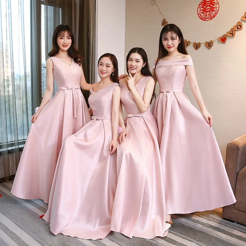 Lente Zomer Vrouwen Roze Lange Satijnen Bruidsmeisje Jurken Bruid Zus Jaarlijkse Prom Wedding Party Dress Lace Up Graduation Vestidos