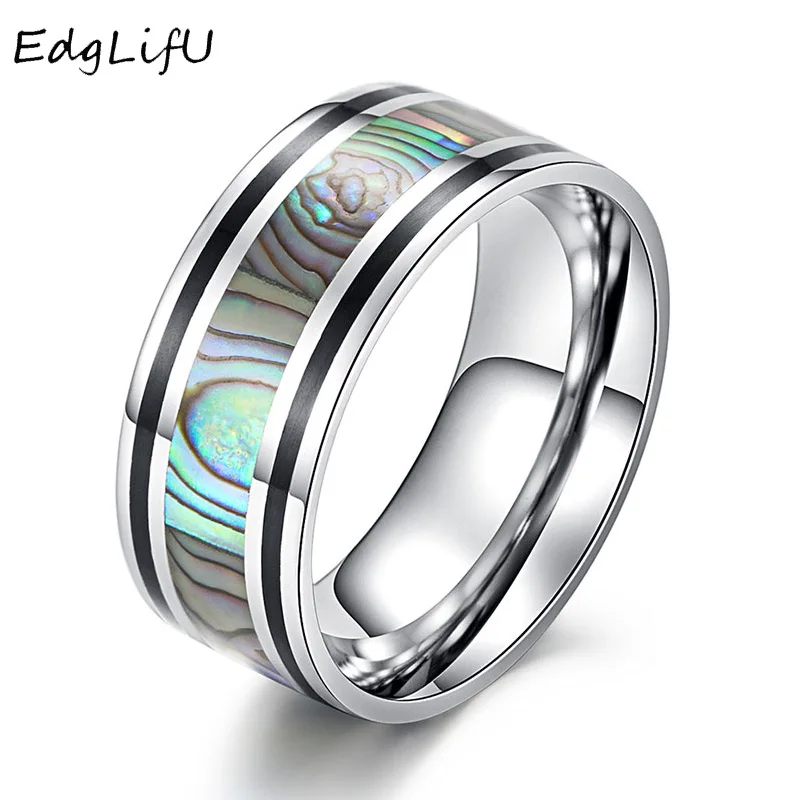 EdgLifU 9mm Personalize Abalone Ring For Man Stainless Steel Carbon Fiber/ Wood Grain Wedding Band Rings Finger Jewelry Men