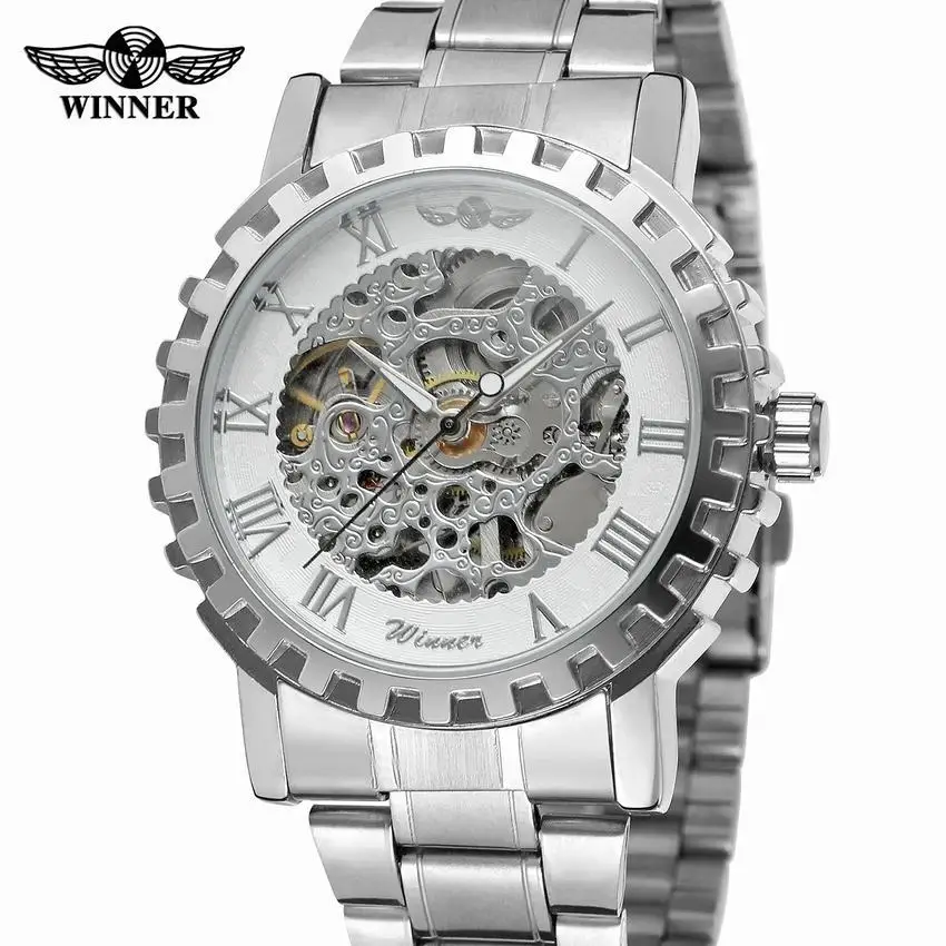 Fashion Skeleton Automatic Mechanical Winner Gold Men Dress Stainless Steel Bracelet Sport Luxury Male Clock Business Wristwatch