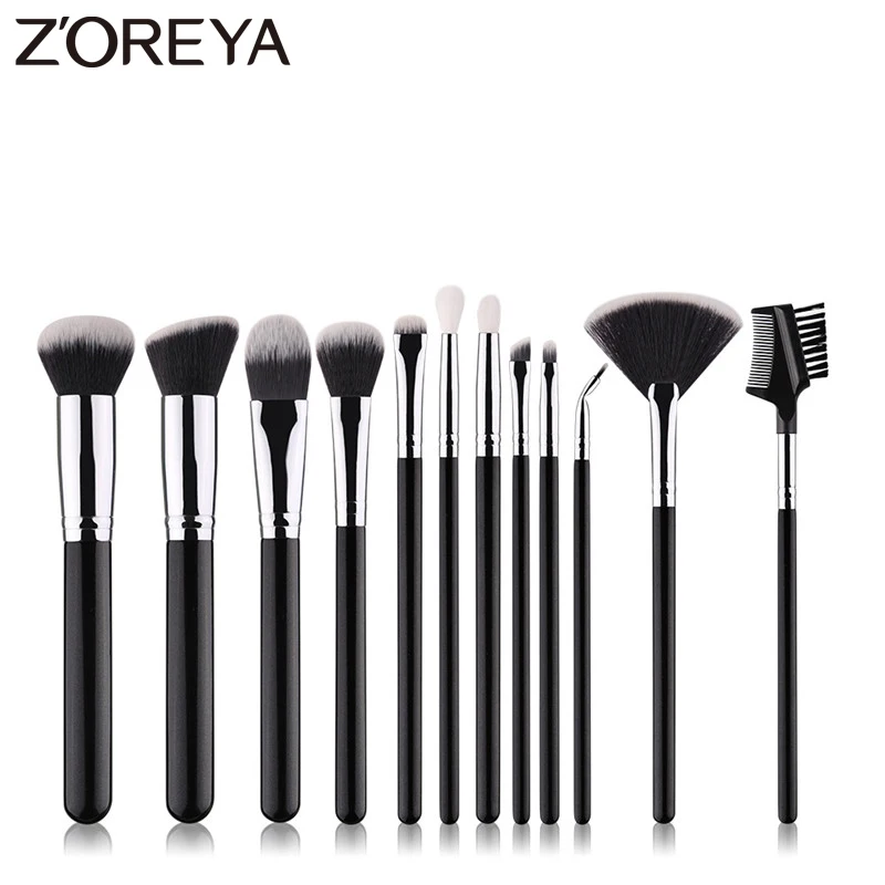 

Zoreya Brand 12pcs Black Essential Makeup brushes Soft Synthetic Fibers Blending Powder Foundation Small fan Eye Brow Brush Set