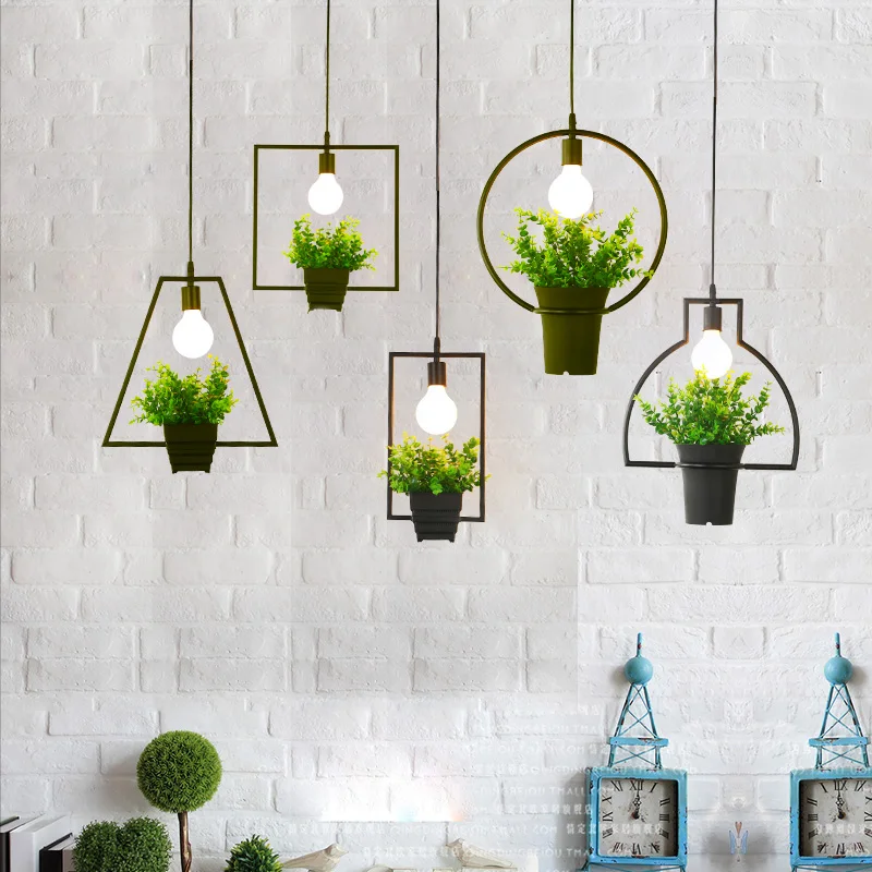 Countryside Style Plant Pot Pendant Light Square Round Shape Wrought Iron Droplight Restaurant Cafe Bar Garden Deco Hanging Lamp