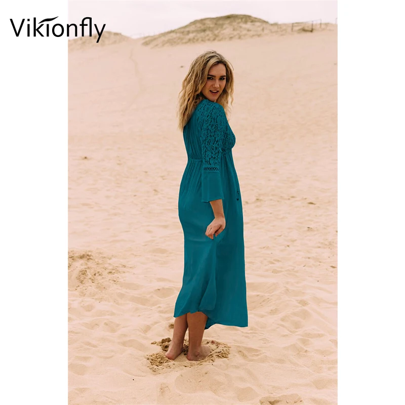 Vikionfly vestido longo de praia para mulheres, biquíni de renda para cobrir biquini verão 2020 túnica