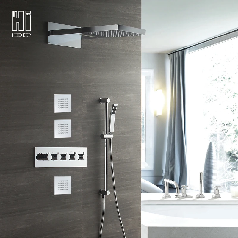 

HIDEEP Shower Faucet Set Rain and Waterfall Shower Head Wall Mounted Brass Thermostatic Control Valve Bathroom Rain Shower