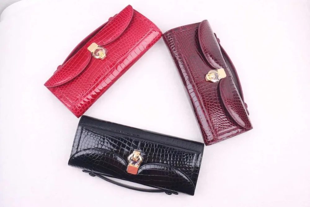 Top quality shinny high glossy genuine crocodile skin women clutch wallet long size with gold color locker top handle red color