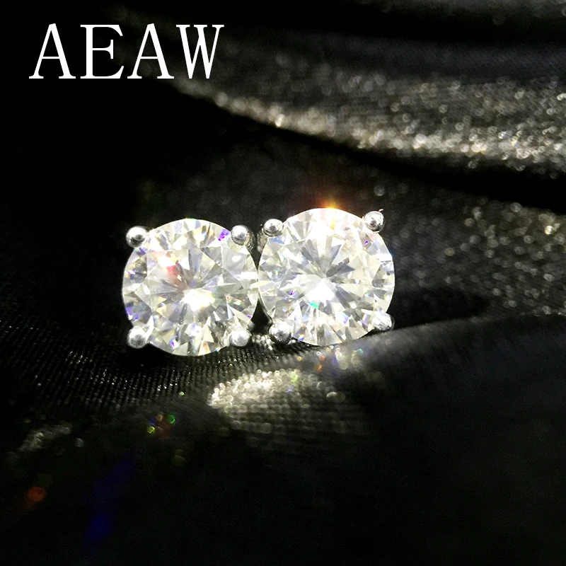 AEAW Round CVD HPHT Lab Grown Diamon Stud Earrings For Women Solid 14K White Gold Fine Jewelry NO IGI