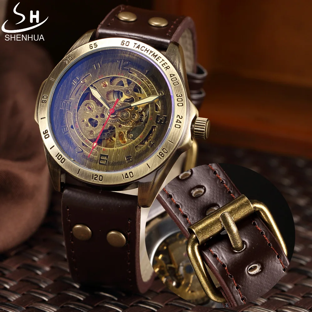 Mechanische Uhr Männer SHENHUA Retro Bronze Sport Luxus Top Marke Leder Uhr Skeleton Automatische Uhren Relogio Masculino