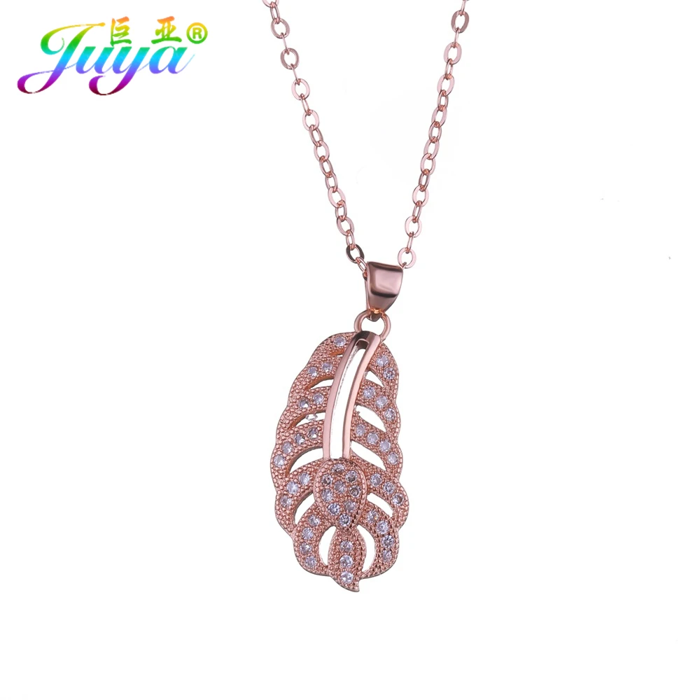 Ali Moda Fashion Girl Jewelry Supplies Micro Pave Zircon Gold/Rose Gold Feather Charm Pendant Necklace Mothers' Day Gift Jewelry