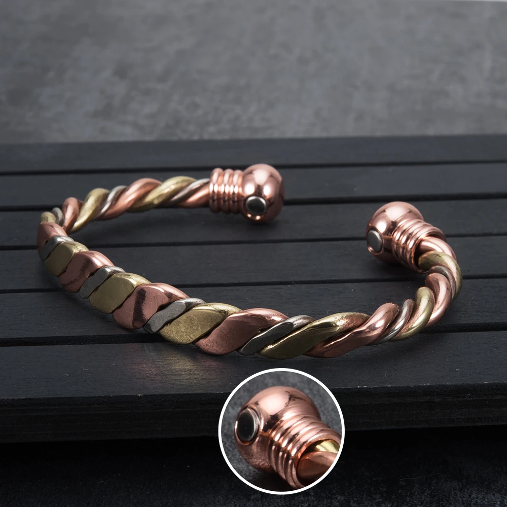 Vinterly Magnetic Bracelet Pure Copper Ball Rose Gold-color Open Cuff Adjustable Bangles for Women Twisted High Magnet Jewelry