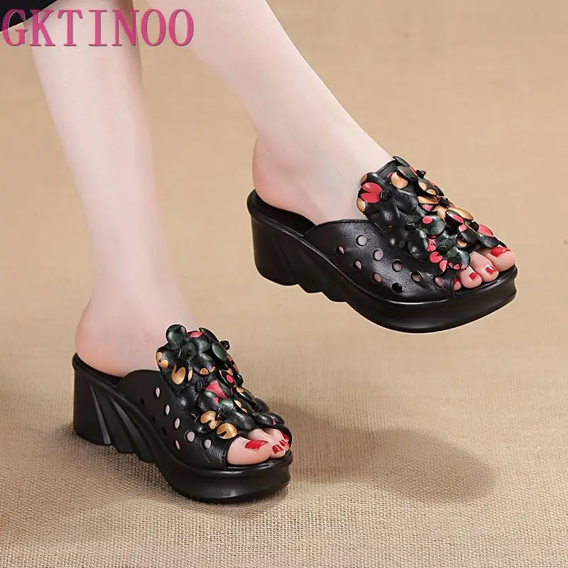 GKTINOO Summer Woman Shoes Platform Slippers Wedge Genuine Leather Women High Heel Slippers For Women Retro Sandals Female Shoes