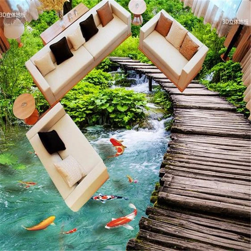 Beibehang Custom 3d flooring Waterproof Stickers 3D Floor Tile Stickers Nine Fish and Wooden Bridge Customize any size flooring