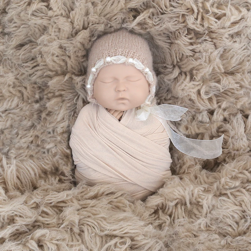 Jersey stretch wrap Newborn knit  Pearl hat  wrap set Baby swaddle Wool blanket Newborn photography props