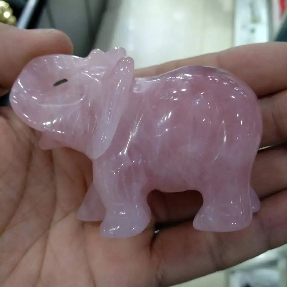 

Pink Crystal Elephant Artware Decoration Animal Pocket Stone Statue Figurine Natural Jade Ornament Carved Handicraft