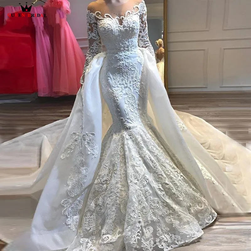 

Detachable Skirt Mermaid Long Sleeve Tulle Lace Beaded Crystal Luxury Sexy Wedding Dress Bridal Gown Custom Size SC01M