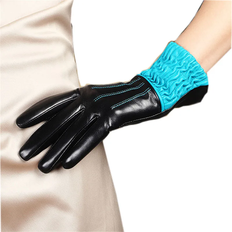 High Quality Brand Genuine Leather Gloves Women Sheepskin Gloves Two Tone Winter Plus Velvet Finger Driving Glove L150NC-5