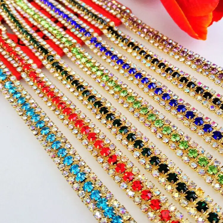 

New!!Hot Sale!!! 3 rows 1yard Gold bottom rhinestones chain,Sewing style diy clothing accessories