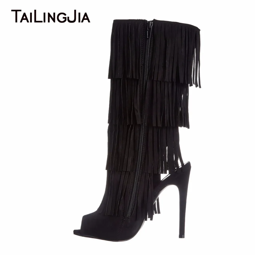 

Fashion Peep Toe Summer Boots Woman Black Supper High Heel Long Boots Stilettos Ladies Shoes With Zipper Fringe Sexy Woman Shoes