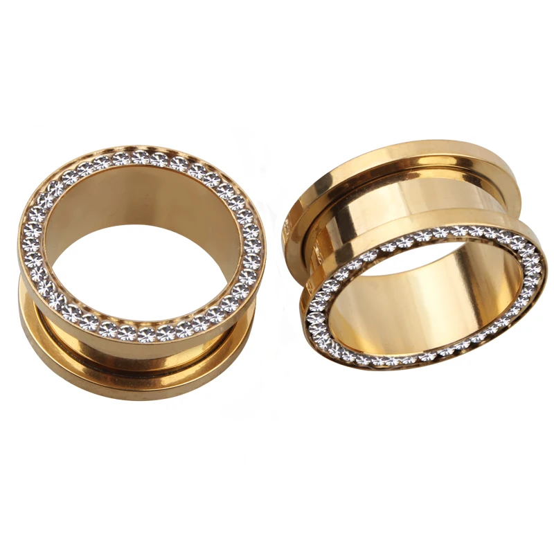 Full CZ Gold Anodized Flesh Tunnel Screw Ear Plug Gauge Stainless Steel Body Piercing Jewelry