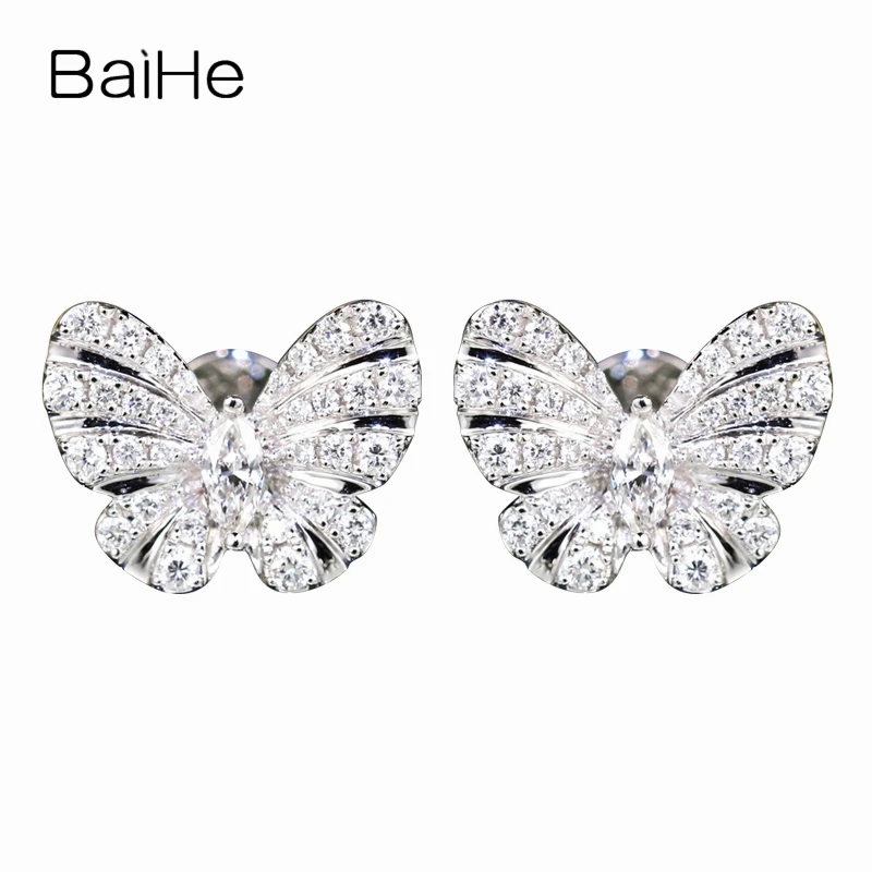 BAIHE Real Solid 14K White Gold H/SI Natural Diamond Butterfly Stud Earrings Women Trendy Fine Jewelry Making Aretes de Mariposa